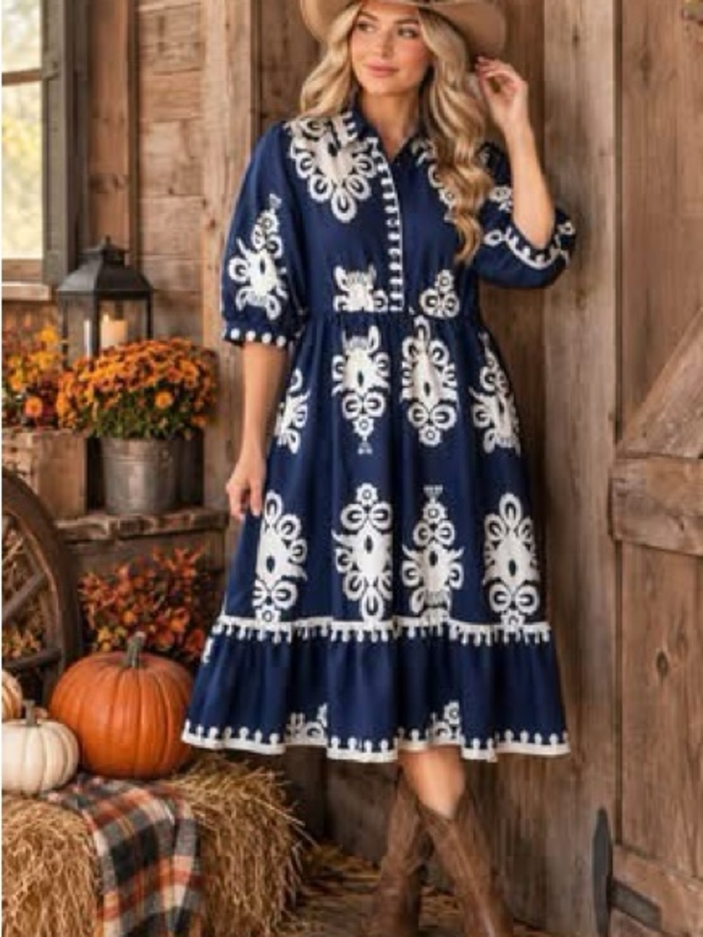 Navy Midi Dress with White Embroidered Motif